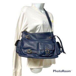 MAXX OF NEW YORK”, New, Large, Pebble Leather Handbag. Color Blue